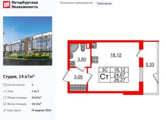 Продаю квартиру студию, 24.7 м2, Санкт-Петербург, муниципальный округ Пулковский Меридиан