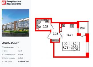 Продажа квартиры студии, 24.7 м2, Санкт-Петербург, Московский район
