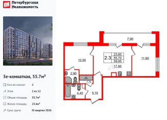 Продам двухкомнатную квартиру, 55.7 м2, Санкт-Петербург, муниципальный округ Коломяги