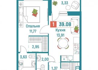 1-комнатная квартира на продажу, 39.1 м2, Мурино