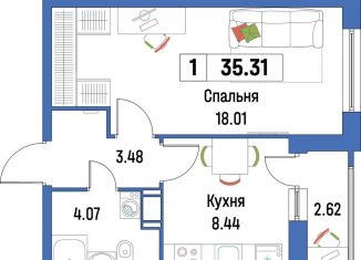 Продажа 1-комнатной квартиры, 35.3 м2, Мурино, ЖК Урбанист