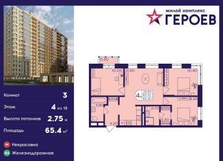 3-ком. квартира на продажу, 65.4 м2, Балашиха, микрорайон Центр-2, к407с2, ЖК Героев