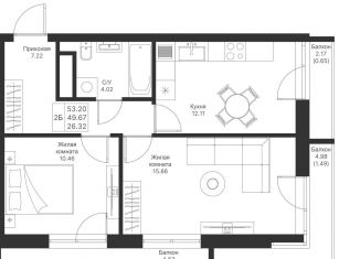 Продажа 2-комнатной квартиры, 53.2 м2, Казань, жилой комплекс Мой Ритм, ПК14