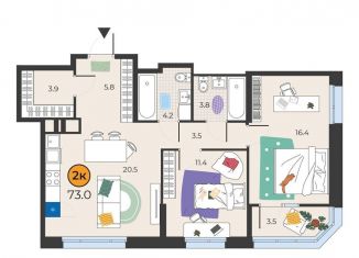 Продается 2-ком. квартира, 73 м2, Тюмень, улица Эльвиры Федоровой, 1к1, Восточный округ