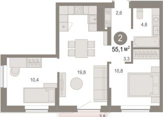 Продается 2-ком. квартира, 55.1 м2, рабочий посёлок Краснообск