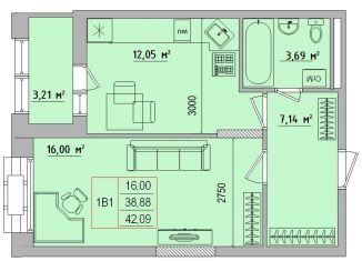 Продается 1-комнатная квартира, 42.1 м2, Белгород