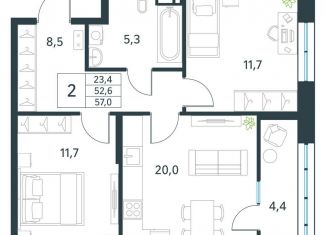 Продается 2-комнатная квартира, 57 м2, Забайкальский край, микрорайон Хороший, 15