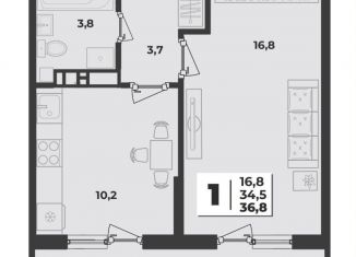 Продаю 1-ком. квартиру, 36.1 м2, Краснодар