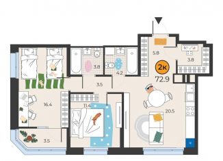 2-комнатная квартира на продажу, 72.9 м2, Тюмень, улица Эльвиры Федоровой, 1к1, Восточный округ