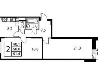 Продается 2-комнатная квартира, 61.4 м2, Домодедово