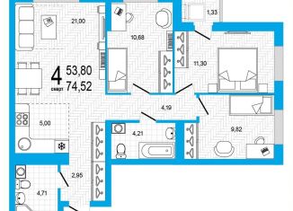 Продам четырехкомнатную квартиру, 74.5 м2, Уфа, Дёмский район