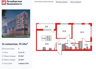 Продаю 2-комнатную квартиру, 59.4 м2, деревня Новосаратовка