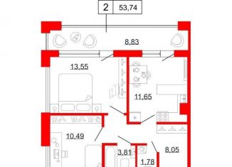 Продаю 2-ком. квартиру, 53.7 м2, Санкт-Петербург, Ломаная улица, 3Б