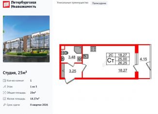 Квартира на продажу студия, 25 м2, Санкт-Петербург, муниципальный округ Пулковский Меридиан