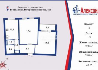 2-комнатная квартира на продажу, 53 м2, Всеволожск, Пугоревский проезд, 1к2