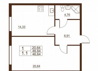 Продается однокомнатная квартира, 46.6 м2, посёлок Шушары