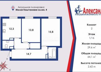 Продажа 2-комнатной квартиры, 64.1 м2, Санкт-Петербург, Малая Каштановая аллея, 4, муниципальный округ Георгиевский