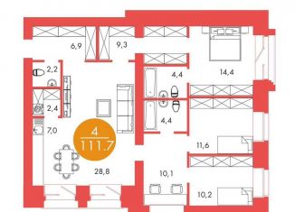 Четырехкомнатная квартира на продажу, 111.7 м2, Красноярск, Центральный район