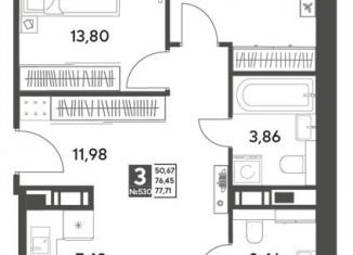 Продаю 3-ком. квартиру, 77.7 м2, Московская область