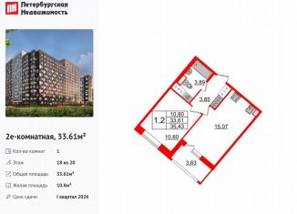 Продам однокомнатную квартиру, 33.6 м2, Санкт-Петербург, метро Улица Дыбенко