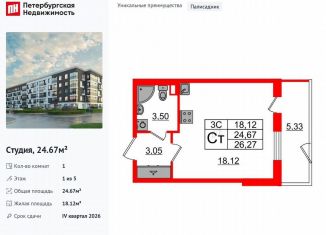 Продам квартиру студию, 24.7 м2, Санкт-Петербург, муниципальный округ Пулковский Меридиан