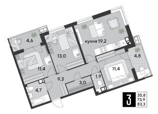 Продается 3-комнатная квартира, 83.3 м2, Краснодар, ЖК Парк Победы