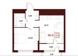 1-комнатная квартира на продажу, 43.5 м2, Пенза, проспект Строителей, 21А