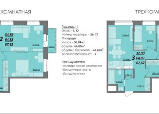 Продается 2-ком. квартира, 67.2 м2, Ульяновск, Железнодорожный район