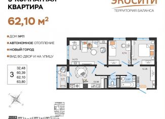 Продаю 3-комнатную квартиру, 62.1 м2, Ульяновск, жилой комплекс ЭкоСити, 11