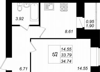 1-комнатная квартира на продажу, 34.7 м2, село Осиново, жилой комплекс Радужный-2, с8