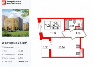 Продам 1-ком. квартиру, 34.6 м2, Санкт-Петербург, муниципальный округ Коломяги