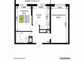 Продаю двухкомнатную квартиру, 46.5 м2, Краснодар, Прикубанский округ, Домбайская улица, 57к9