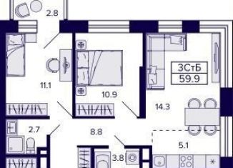 2-ком. квартира на продажу, 59.1 м2, Новосибирск, Красносельская улица, метро Берёзовая роща