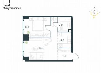 2-комнатная квартира на продажу, 41.4 м2, Москва, метро Мичуринский проспект, жилой комплекс Левел Мичуринский, к1