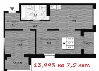 Продам двухкомнатную квартиру, 64.5 м2, Новосибирск, улица Николая Островского, 195/6