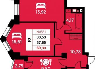 Продается 2-ком. квартира, 60.4 м2, Калининград, Ленинградский район, улица Гайдара, 90