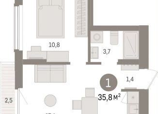 1-комнатная квартира на продажу, 35.8 м2, Липецкая область, площадь Петра Великого, 1