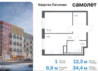 Продам 1-комнатную квартиру, 34.4 м2, деревня Лаголово, жилой комплекс Квартал Лаголово, 1