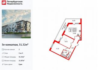 2-ком. квартира на продажу, 51.3 м2, Санкт-Петербург, Московский район, Пулковское шоссе, 95к4