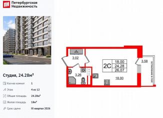 Продается квартира студия, 24.3 м2, Санкт-Петербург, Московский район, Кубинская улица, 78к2