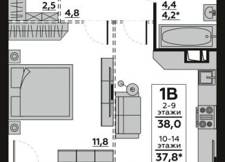 Продажа 1-комнатной квартиры, 38 м2, Волгоград