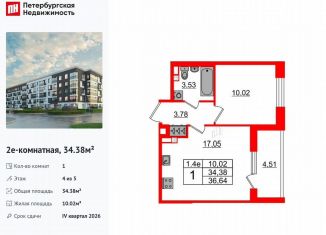 Продается 1-комнатная квартира, 34.4 м2, Санкт-Петербург, муниципальный округ Пулковский Меридиан