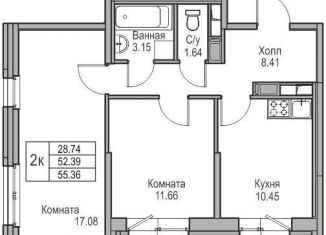 2-комнатная квартира на продажу, 52.4 м2, Санкт-Петербург, Ивинская улица, 1к3, муниципальный округ Лахта-Ольгино