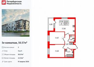 2-ком. квартира на продажу, 50.6 м2, Санкт-Петербург, метро Звёздная