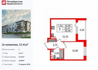 1-ком. квартира на продажу, 32.4 м2, Санкт-Петербург, муниципальный округ Пулковский Меридиан