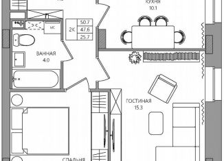 Продается 2-ком. квартира, 50.7 м2, Пермь, Самолётная улица, 6, Индустриальный район