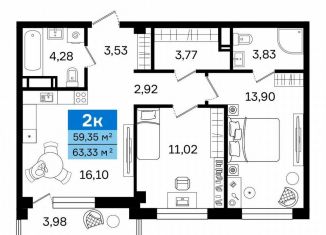 Продается двухкомнатная квартира, 63.3 м2, Курган