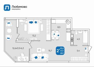 2-ком. квартира на продажу, 53.6 м2, Краснодар, микрорайон Любимово, 7, микрорайон Любимово